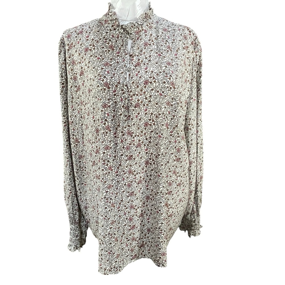 Ann  Taylor Sz XL Floral Blouse Smocked Wrist 1/4 Button Front Ruffle Collar
